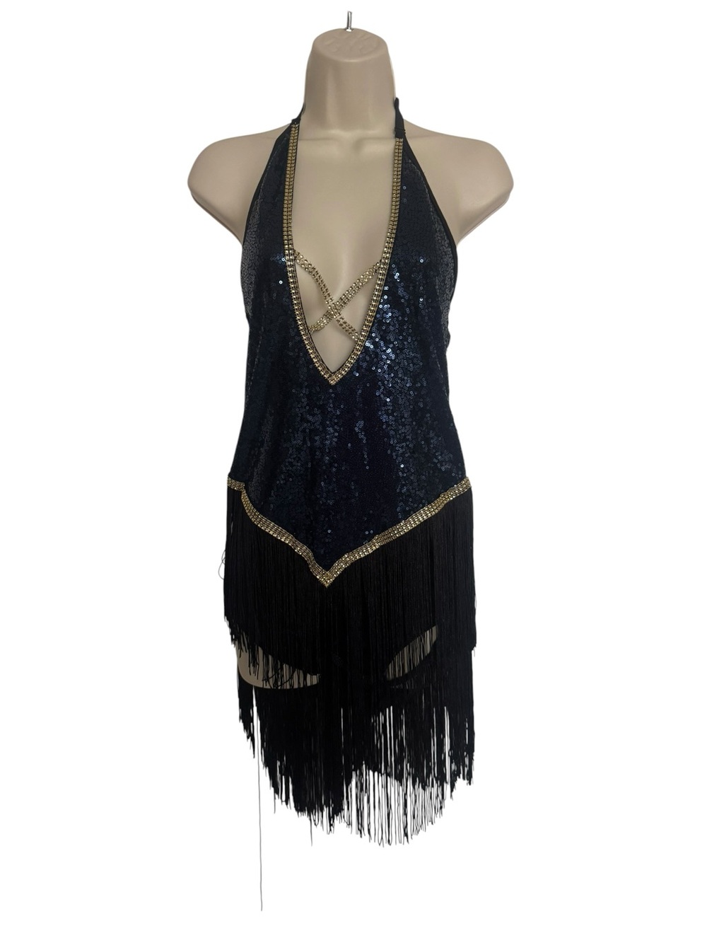 Fashion Nova Navy Sequin Body Suit Top with Gold Trim Sz S/M NWT